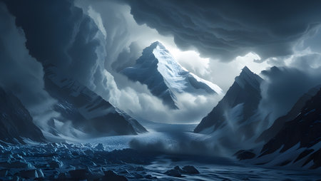 Fantasy alien planet. Mountain with snow and ice. 3d illustrationの素材