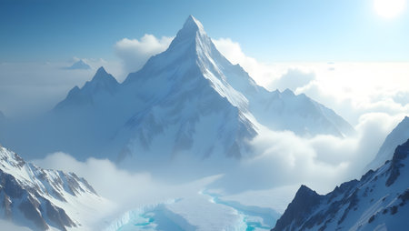 Beautiful panorama of snowy mountains in clouds. 3d renderingの素材