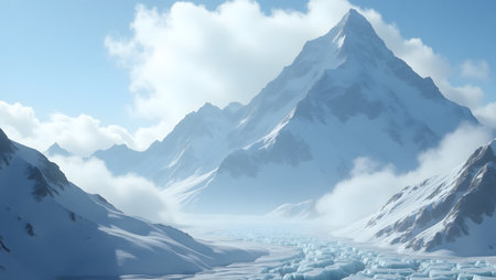 Snowy mountains and blue sky with clouds. 3D illustration.の素材