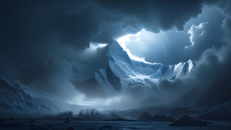 Fantasy winter landscape with mountains and snow. 3d illustration.の素材