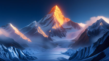 Fantasy alien planet. Mountain with snow. 3d render illustrationの素材
