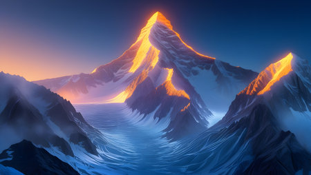 Fantasy landscape with mountains and sea at sunset. 3D illustrationの素材