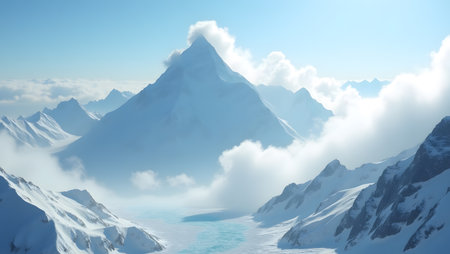 Beautiful winter landscape with snow-capped mountains. 3d renderの素材