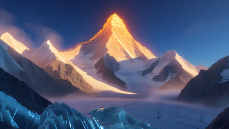 Fantasy alien planet. Mountain and lake. 3D illustration.の素材