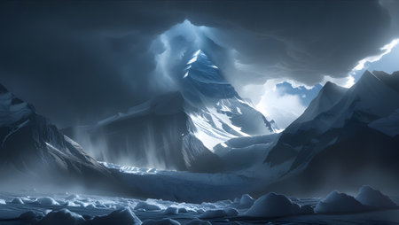 Mountain landscape with snow and ice. 3d render illustration.の素材