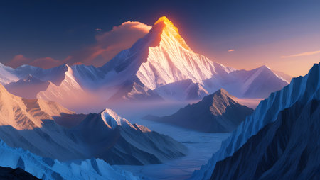colorful sunset over the mountains - 3d render illustration, horizontalの素材