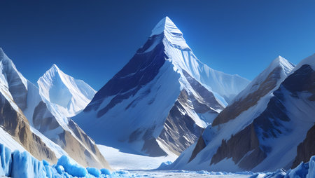 Mountain landscape with snow and clear blue sky. 3d renderingの素材