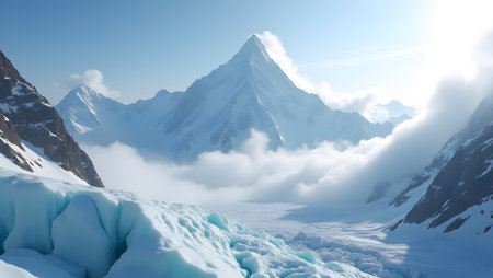 Mountain landscape with snow and clear blue sky, 3d renderの素材