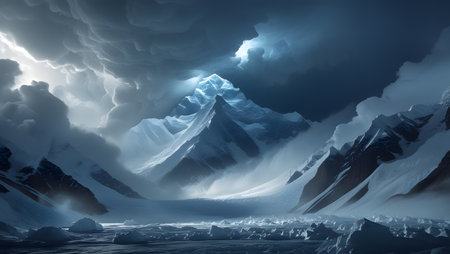 Fantasy landscape with mountains and glacier. 3d render illustration.の素材