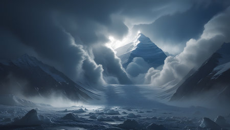 Fantasy landscape with snow-capped mountain peaks in the cloudsの素材