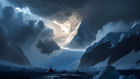 Fantasy landscape with icebergs, mountains and sky. 3d renderingの素材