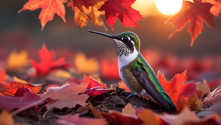 Hummingbird sitting on the ground covered with autumn leaves at sunsetの素材