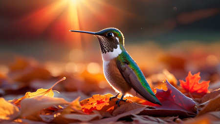 Hummingbird sitting on autumn leaves in sunlight. Wildlife scene from nature.の素材