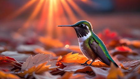 Hummingbird sitting on autumn leaves and looking at the camera.の素材