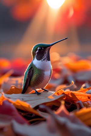 Hummingbird sitting on the leaves in the park at sunset.の素材