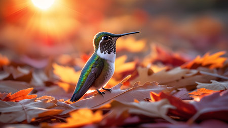 Hummingbird sitting on a fallen leaf with sunbeams in the backgroundの素材