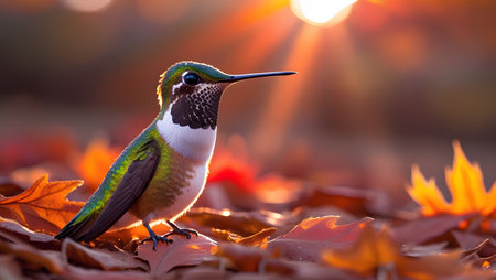 Rufous-throated Hummingbird (archilochus colubris) perched on fallen leaves at sunsetの素材