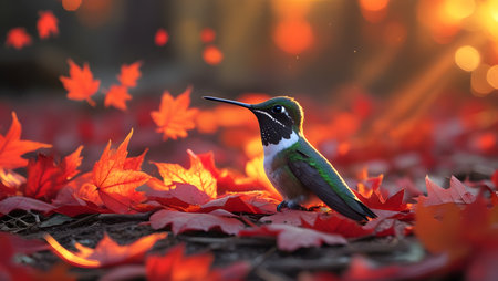 Hummingbird sitting on the ground with red maple leaves in the backgroundの素材