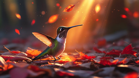 Hummingbird in the park in autumn. Hummingbird in the forest.の素材