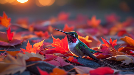 Hummingbird sitting on the ground with colorful autumn leaves in the backgroundの素材