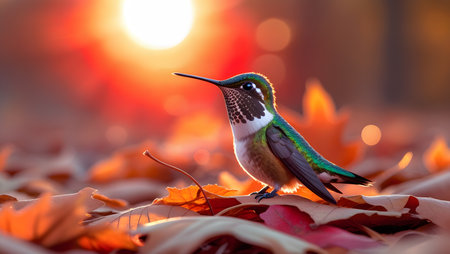 Hummingbird sitting on autumn leaves in the park at sunset.の素材