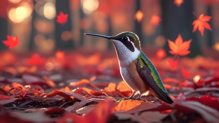 Hummingbird sitting on the ground in the autumn forest with fallen leavesの素材