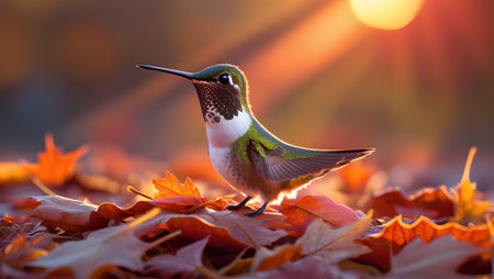 Hummingbird sitting on the autumn leaves in the sun rays.の素材