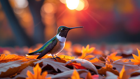 White-throated Hummingbird (archilochus colubris) perched on maple leaves at sunsetの素材