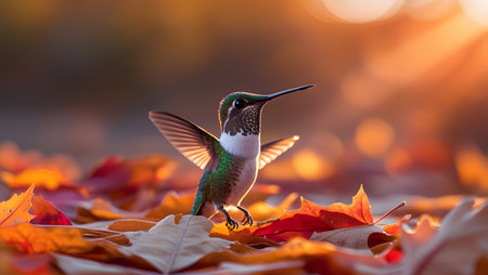 Rufous-throated Hummingbird (archilochus colubris) in flight at sunsetの素材