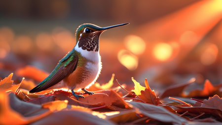 Female Ruby-throated Hummingbird (archilochus colubris) perched on fallen leaves in a park.の素材