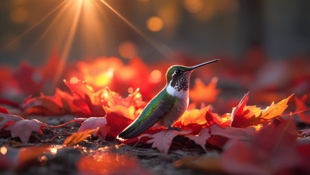 Hummingbird sitting on maple leaves with sunbeams in backgroundの素材