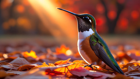 White-throated Hummingbird (Colibri erythrorhynchus) perched on a fallen maple leafの素材