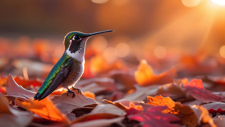 Rufous-throated Hummingbird (archilochus colubris) perched on fallen leavesの素材