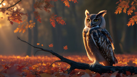 Owl sitting on a branch in an autumn forest at sunset.の素材