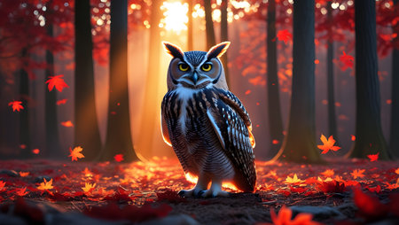 Beautiful owl in the autumn forest at sunset. 3d renderingの素材