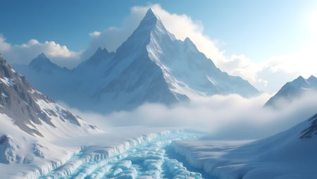 Fantasy alien planet. Mountain with snow. 3D illustration.の素材