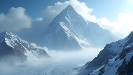 Beautiful mountain landscape with snow and blue sky. 3d renderingの素材