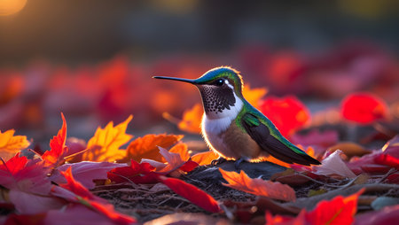 Male Ruby-throated Hummingbird (archilochus colubris) sitting on fallen autumn leaves.の素材