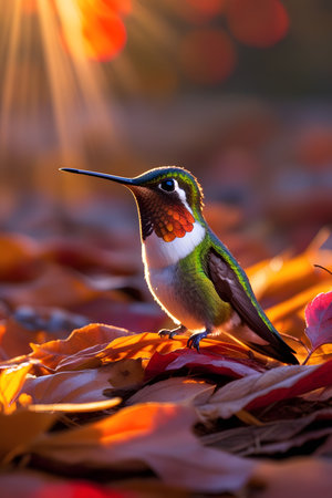 Beautiful Hummingbird sitting on the leaves in the autumn forestの素材