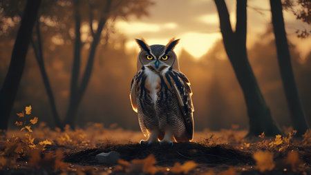 Great horned owl in the forest at sunset. 3d renderingの素材