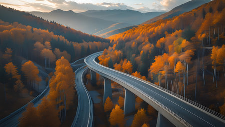 Aerial view of highway in beautiful autumn forest. 3d renderingの素材