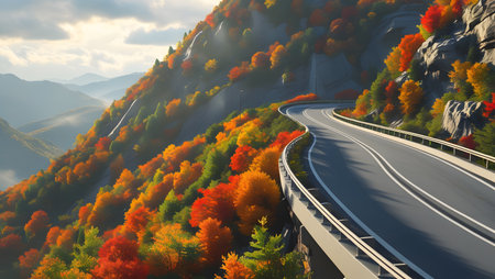 Asphalt road in the autumn mountains. 3d render illustration.の素材