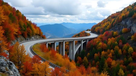 Autumn road in the mountains. Panoramic view of the highway.の素材