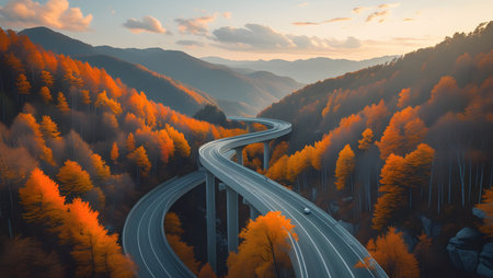Aerial view of the road in the mountains at sunset. 3d renderingの素材