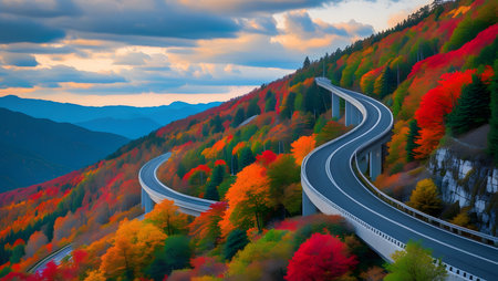 Autumn landscape with winding road in the mountains. Beautiful nature scenery.の素材