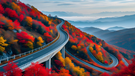 Autumn road in the mountains with colorful trees. 3d renderingの素材
