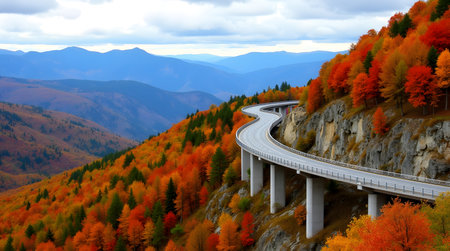 highway in the autumn mountains with colorful trees. panoramic viewの素材