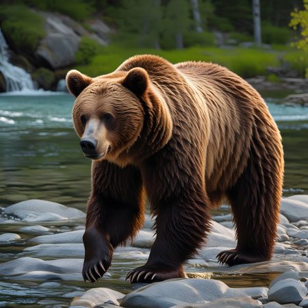 Grizzly bear on the river bank in the summer forestの素材