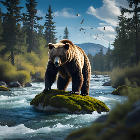 Brown bear on the rock in the wild. 3d rendering.の素材