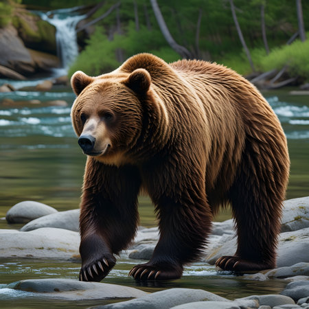 Brown bear walking on the rocks in the river. Wildlife scene from nature.の素材